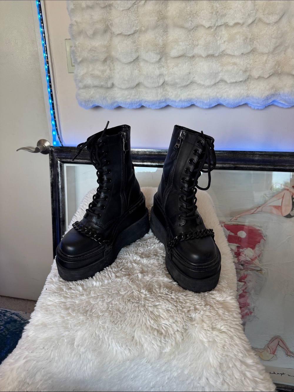 D’AMELIO Black Platform Lace-Up Combat Boots with Chain Detail leather platforms